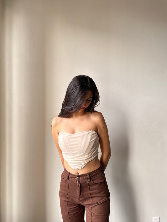 Kelly Mesh Strapless Corset Top In Taupe