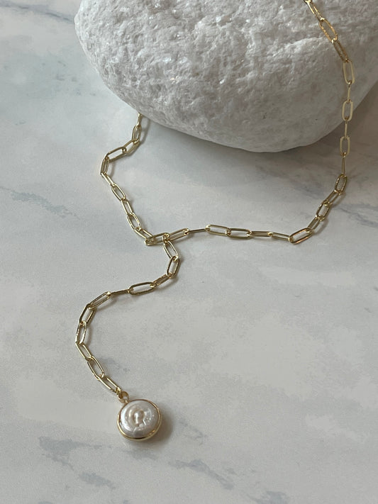 Freshwater Pearl Drop Link Chain Necklace In Gold