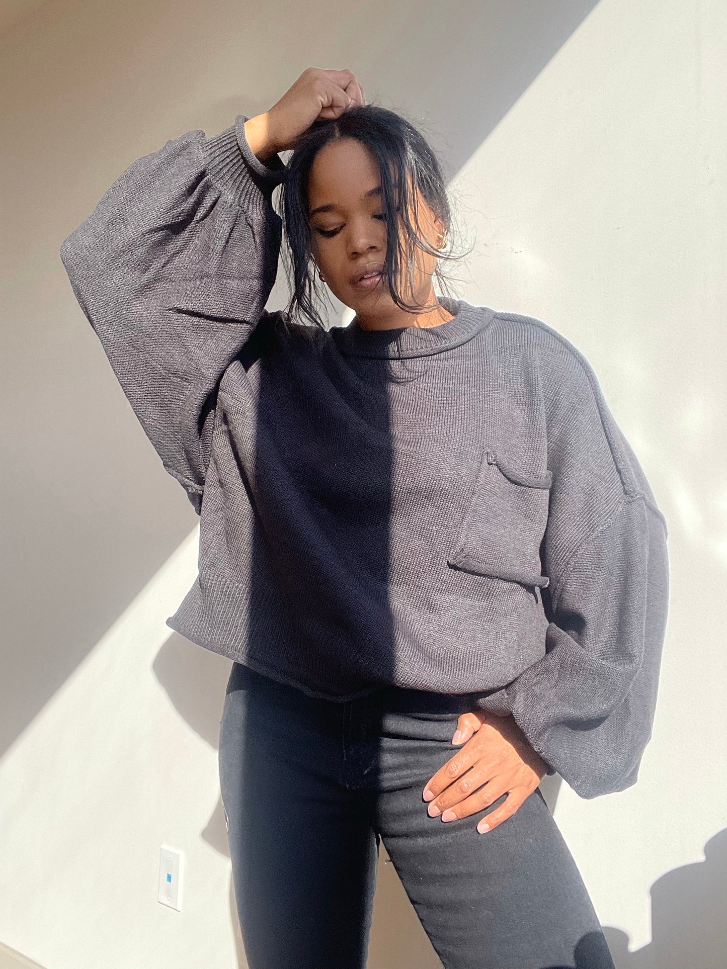 Charlie Oversized Cropped Single Pocket Sweater In Black