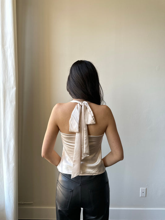Cheryl Cowl Neck Satin Halter In Champaign