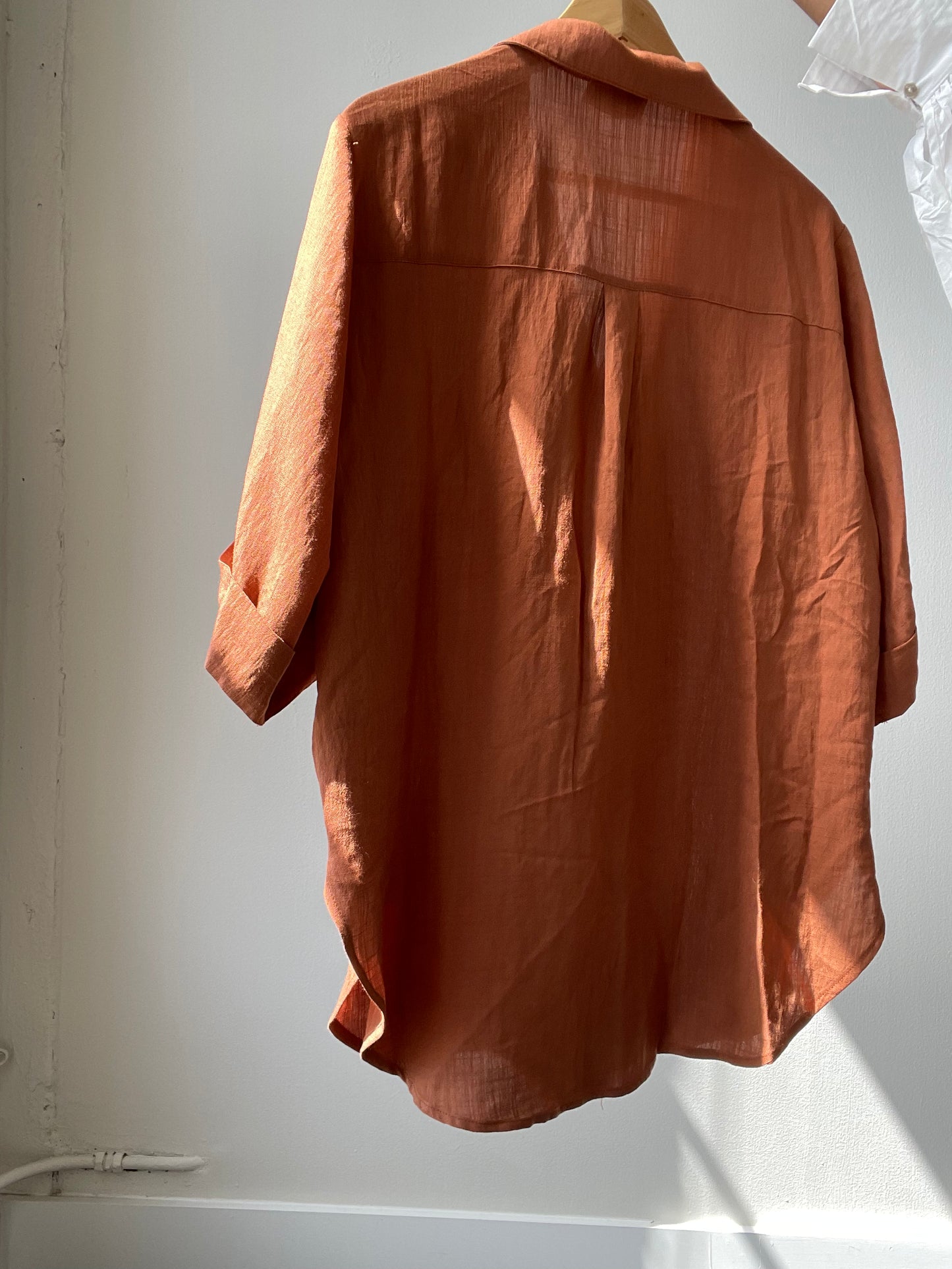 Kimberly Oversized Boyfriend 3/4 Sleeve Button Down Shacket Shirt In Rust