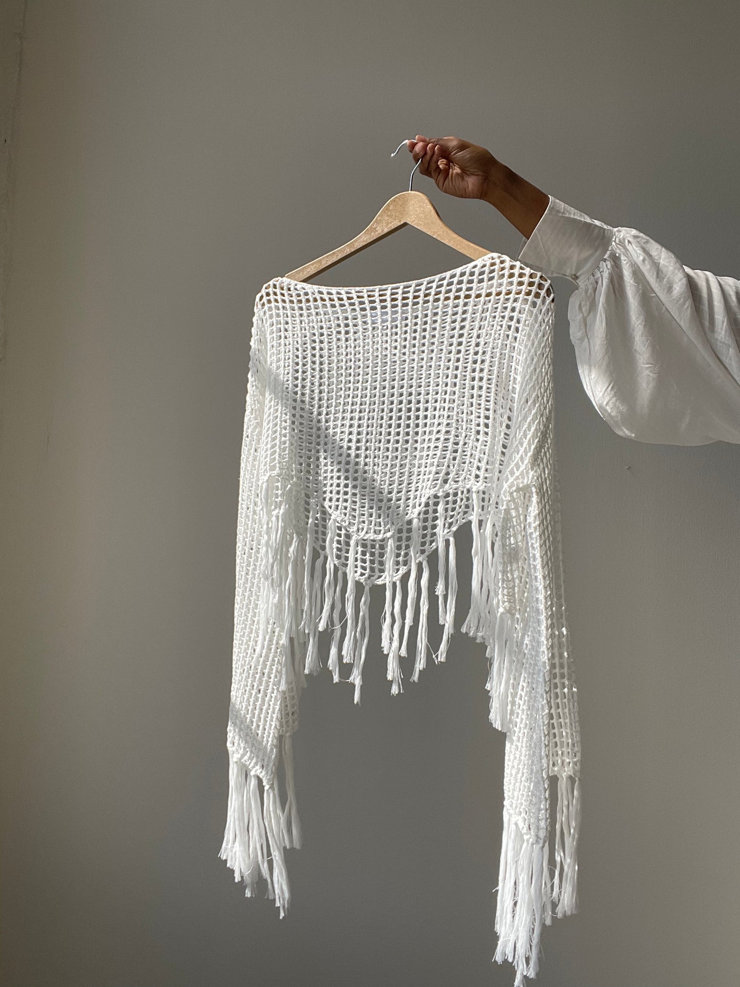 Sagan Cotton Crochet Fringe Long Sleeve Top In White