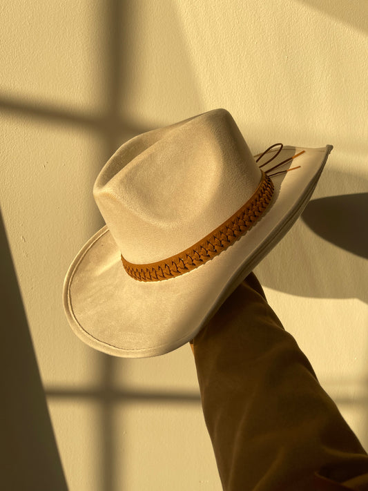 Carla Woven Belt Cowboy Hat In Brown Belt Ivory