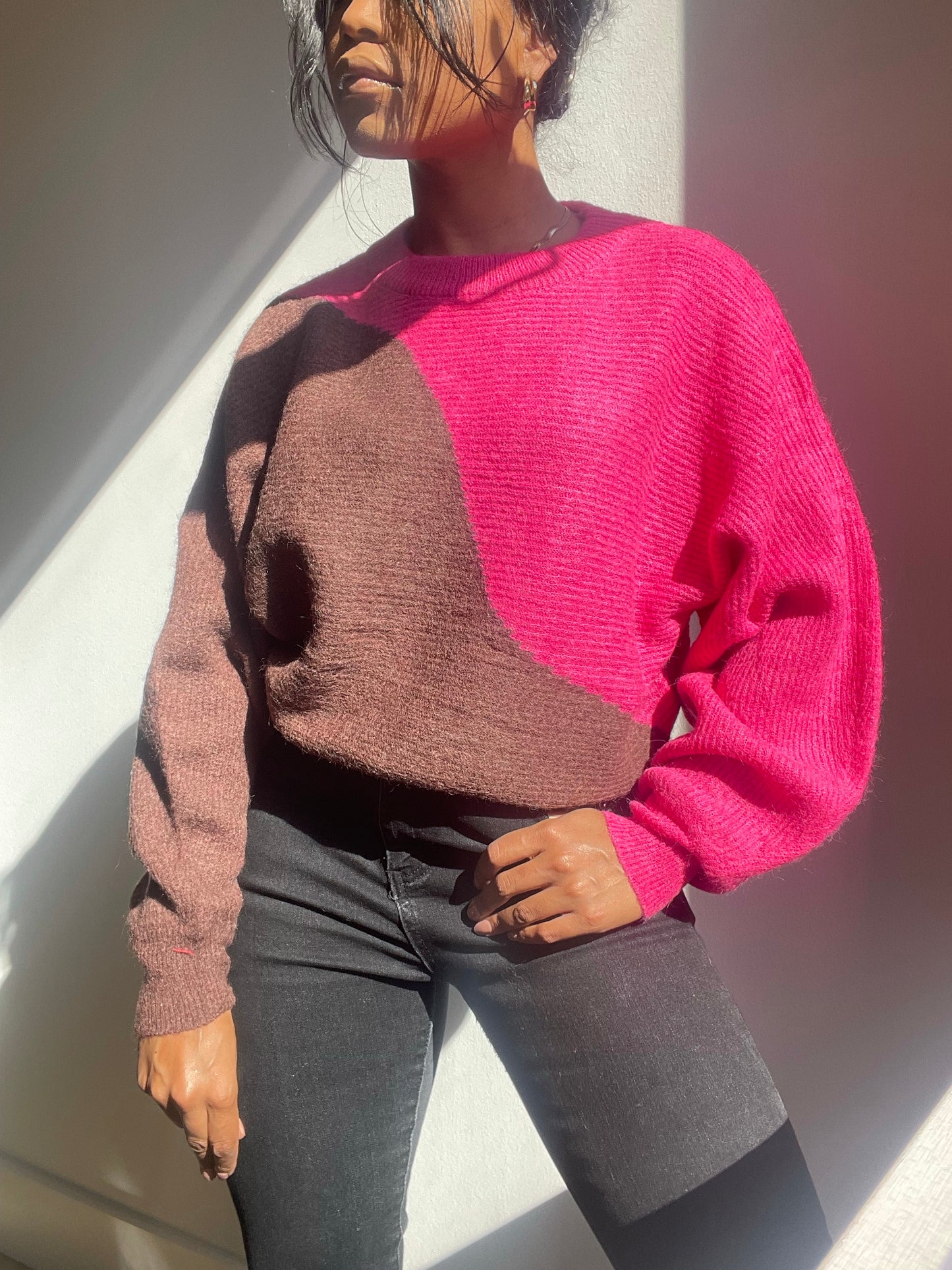 Regina Two Tone Balloon Pullover Sweater In Hot Pink