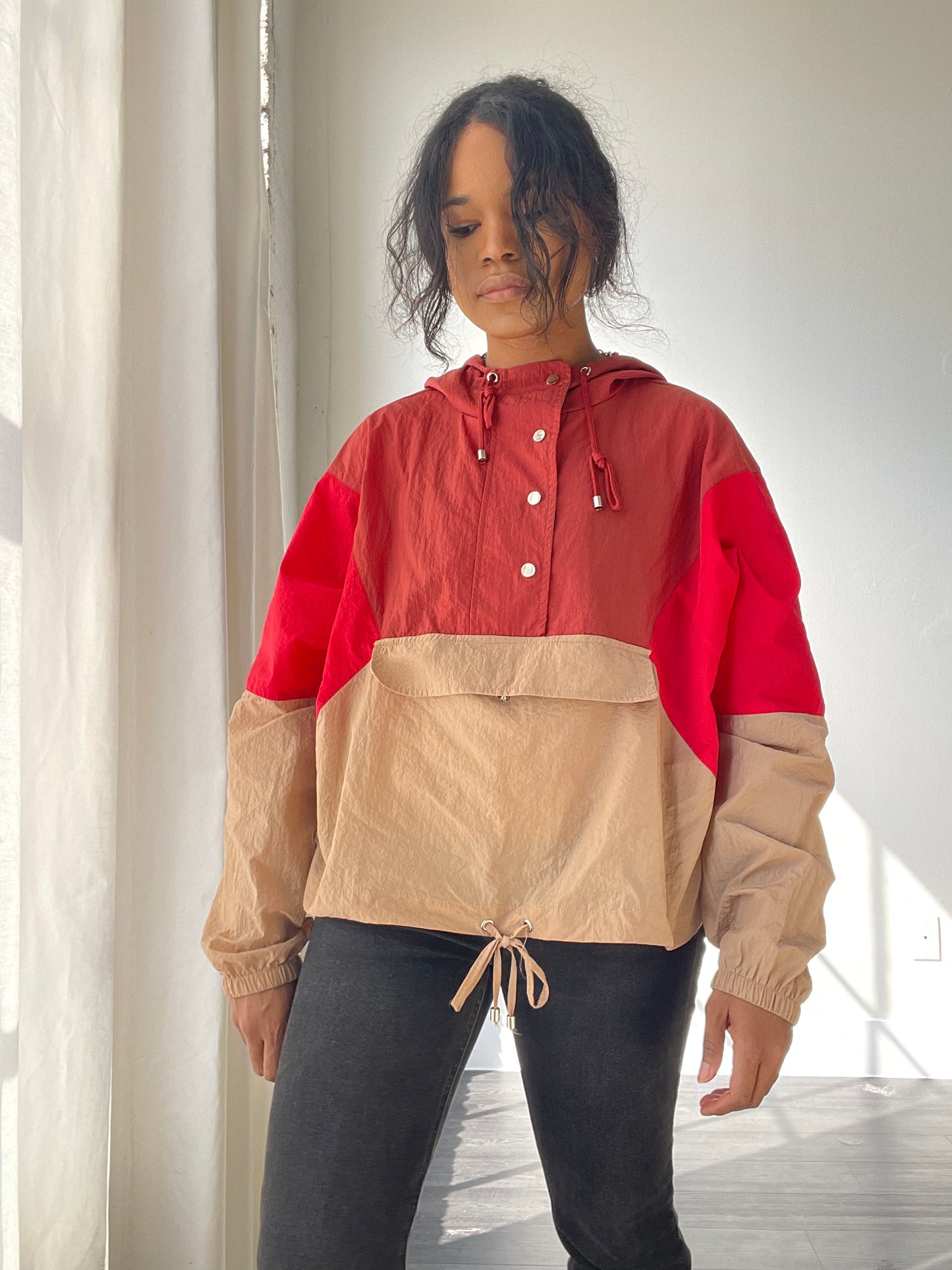 Sherry Color Block Windbreaker Jacket In Taupe Cherry