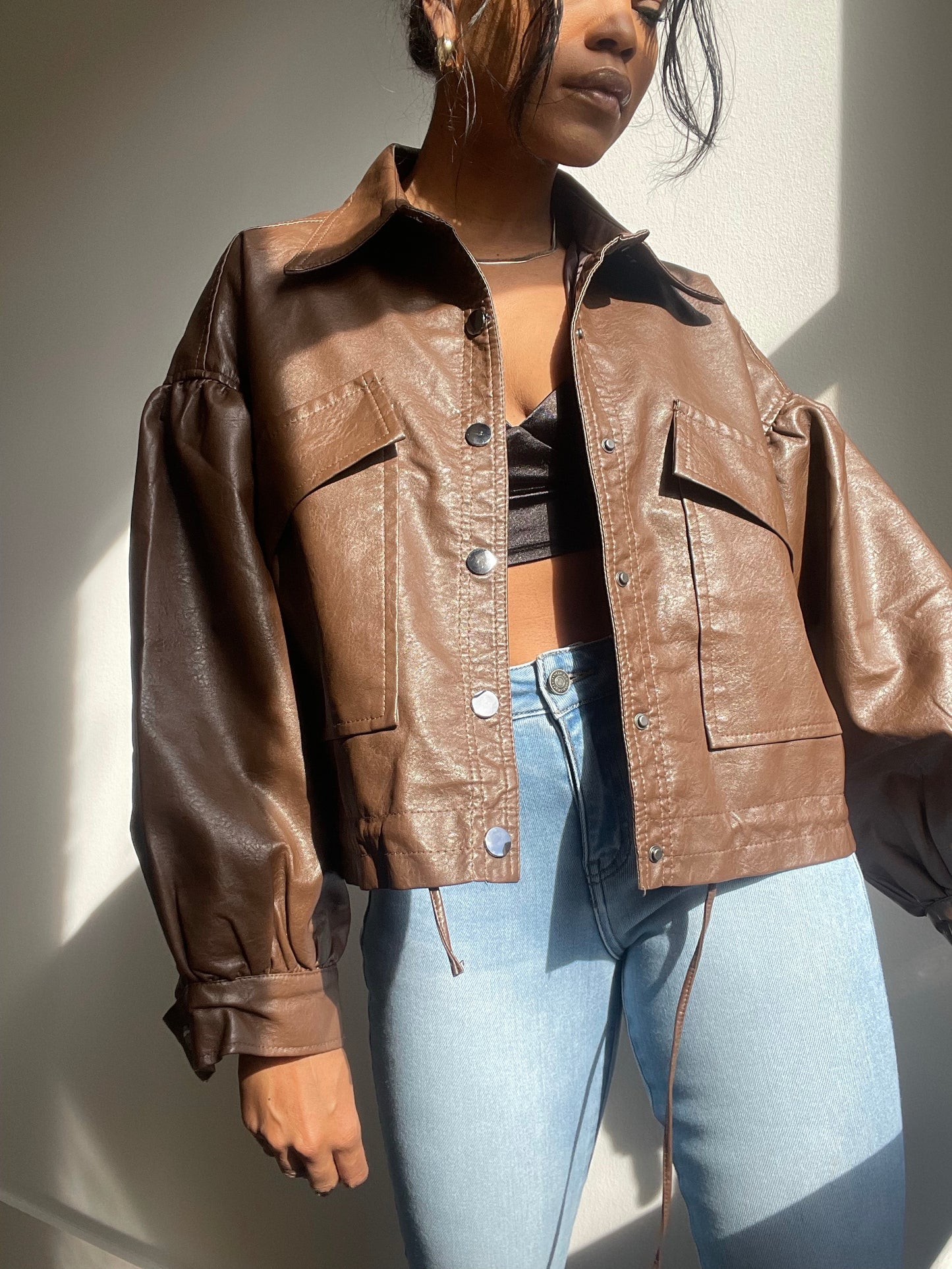 Beverly Vegan Leather Dolman Sleeve Jacket In Brown