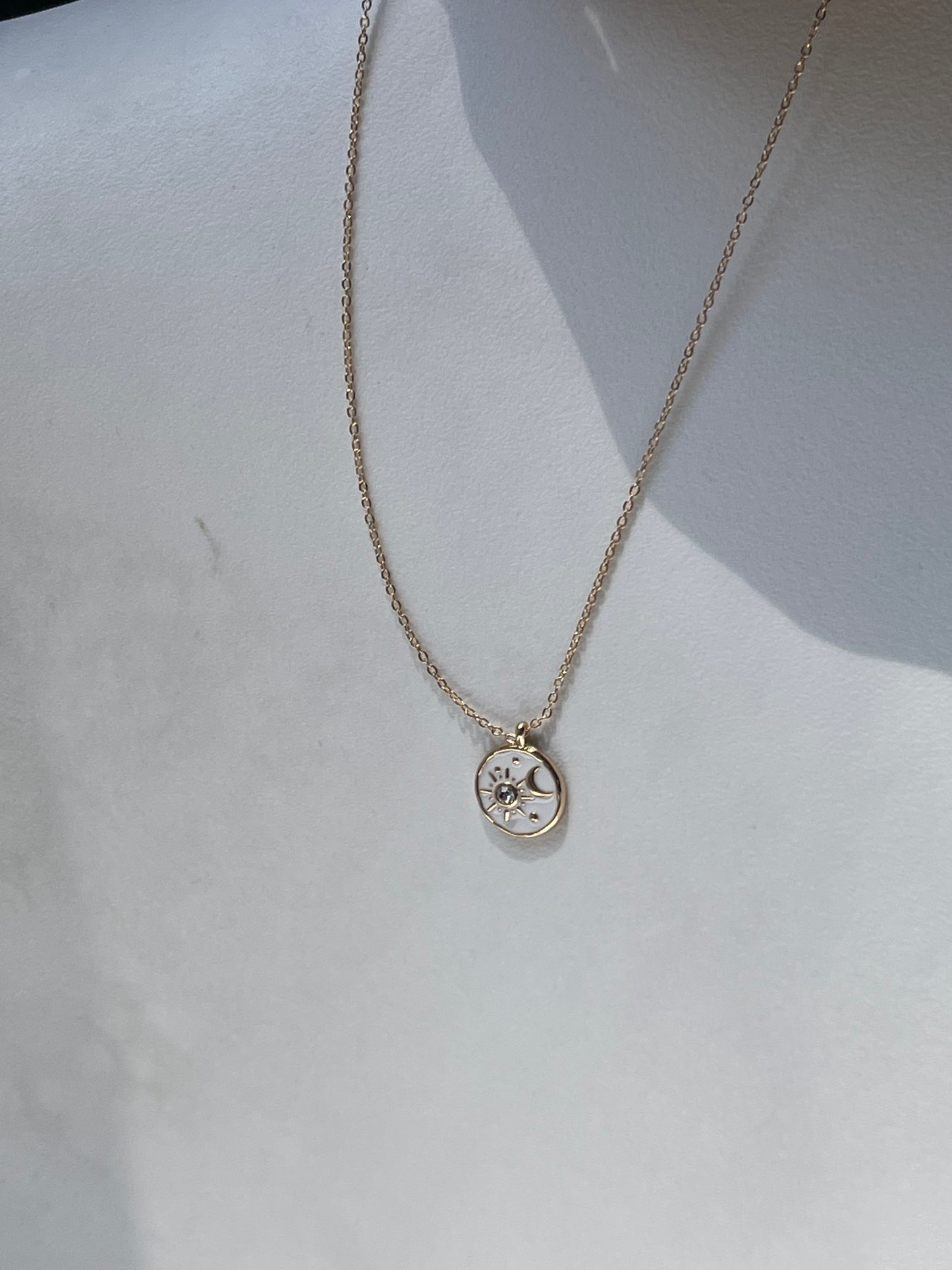 Sun Star & Moon Charm Necklace In White