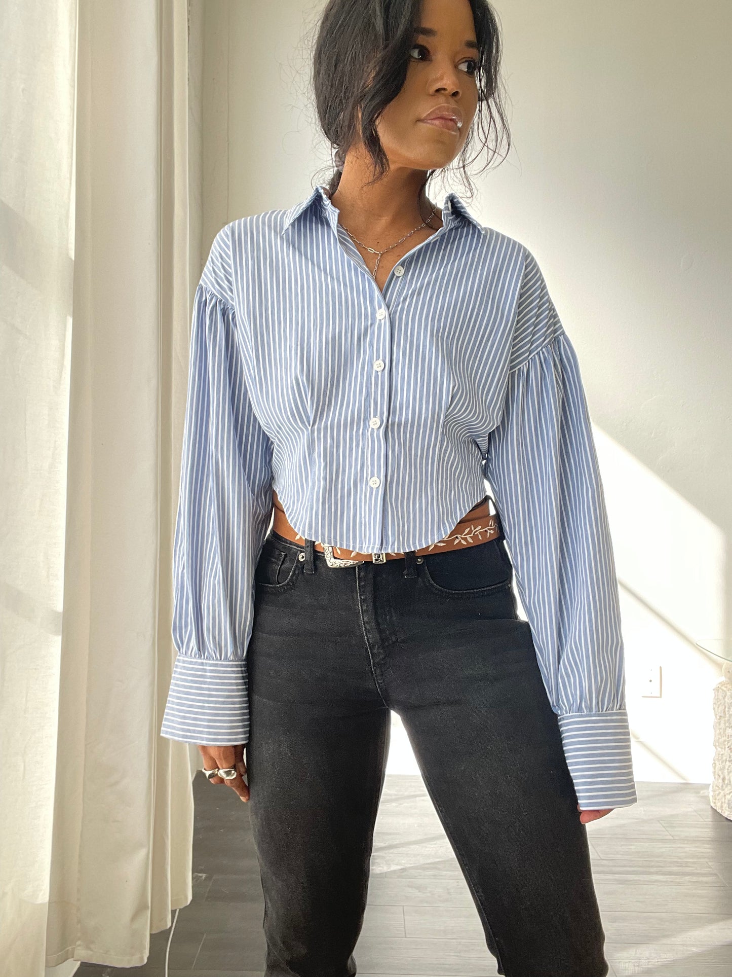 Gihan Cropped Corset Stripe Button Down Shirt In Sky