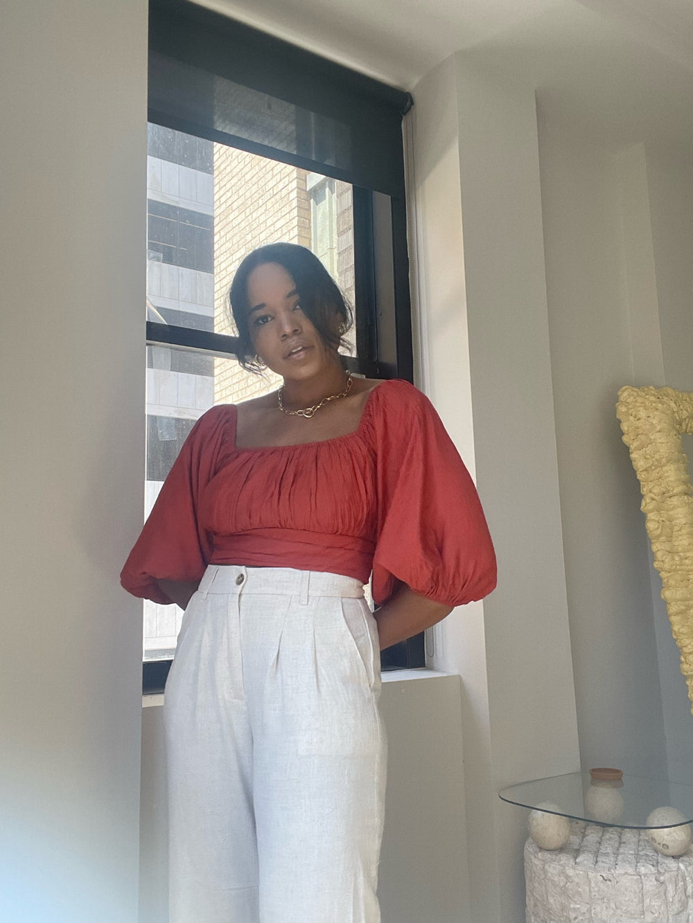 Erika Tie Back 3/4 Puff Crop Top In Rust