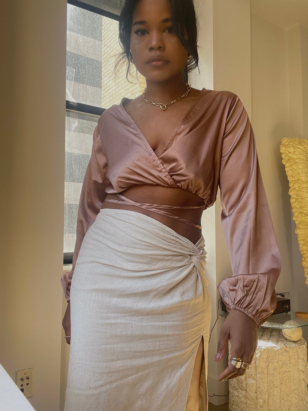 Charlie Cross Front Long Sleeve Strap Crop Top In Toast