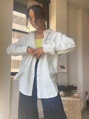 Karl Linen Oversized Striped Button-Down Top In Sage