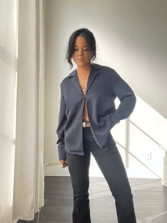 Paige Single Front Closure Long Sleeve Top In Midnight Navy