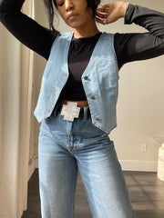 Taylor Cotton Denim Button Classic Cowgirl Vest In Light Wash