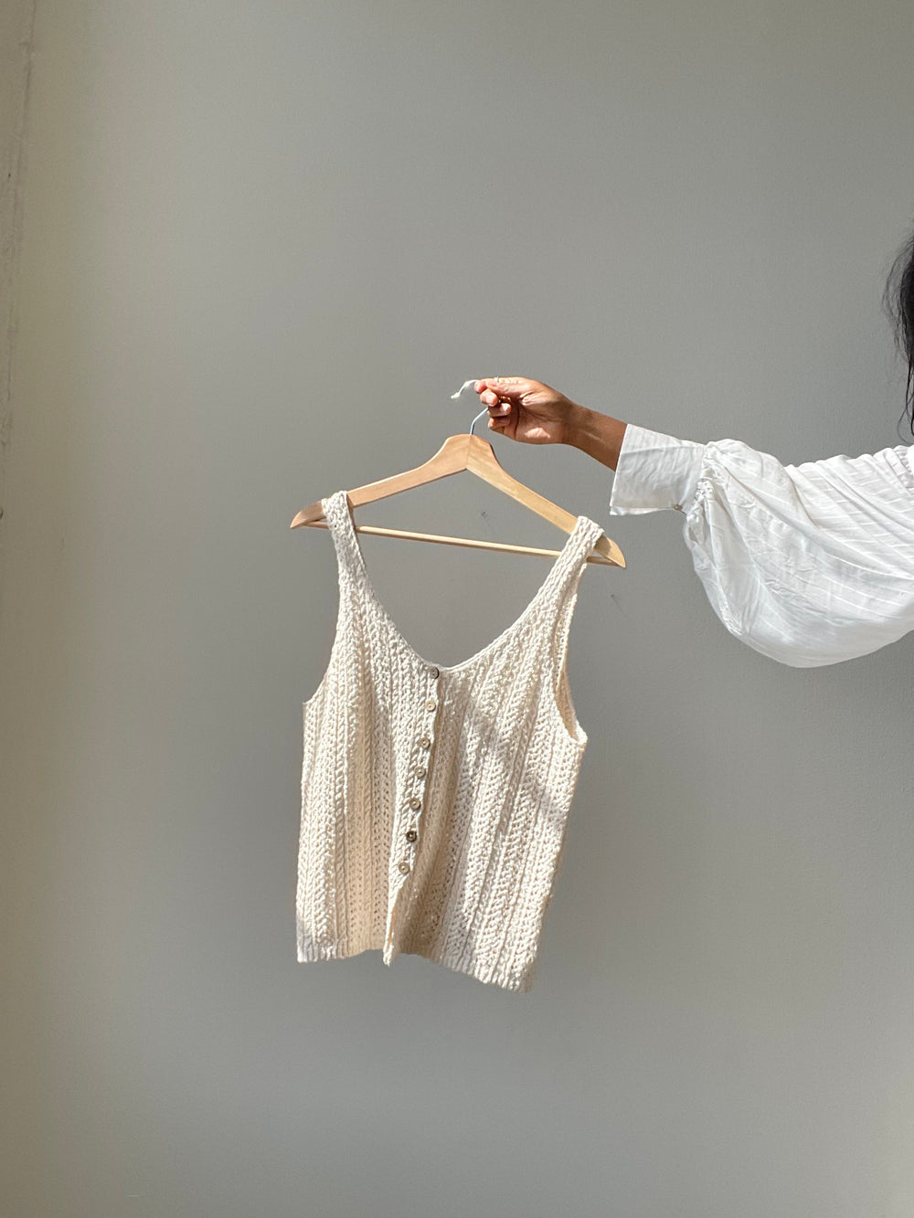 Kindle Cotton Crochet Button Front Vest In Natural