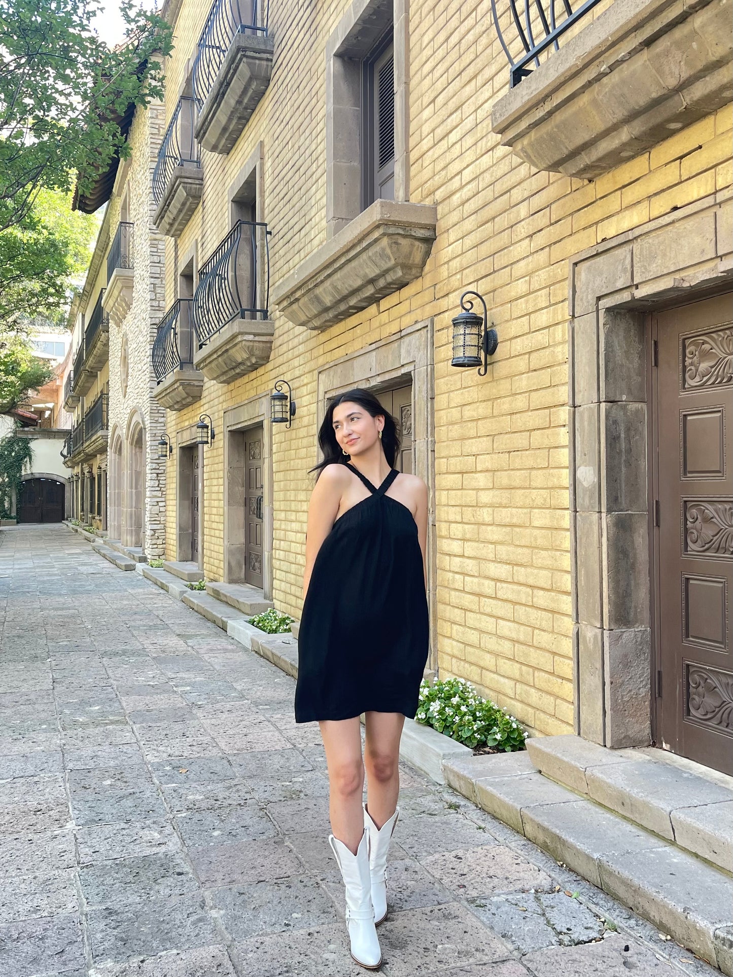 Katerina Linen & Cotton Cross Front Dress In Black