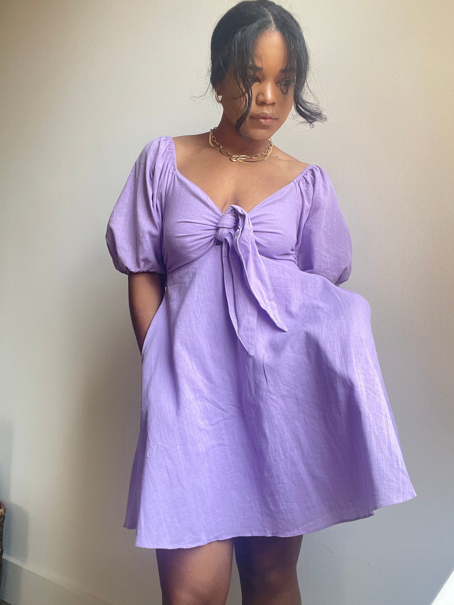 Zoe Cotton Tie Front Puff Sleeve Mini Dress In Lavender
