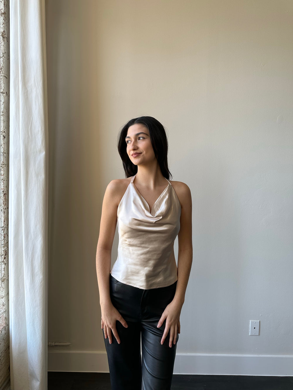 Cheryl Cowl Neck Satin Halter In Champaign