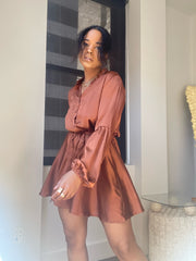 Ghospell Long Sleeve Mini Dress In Brown