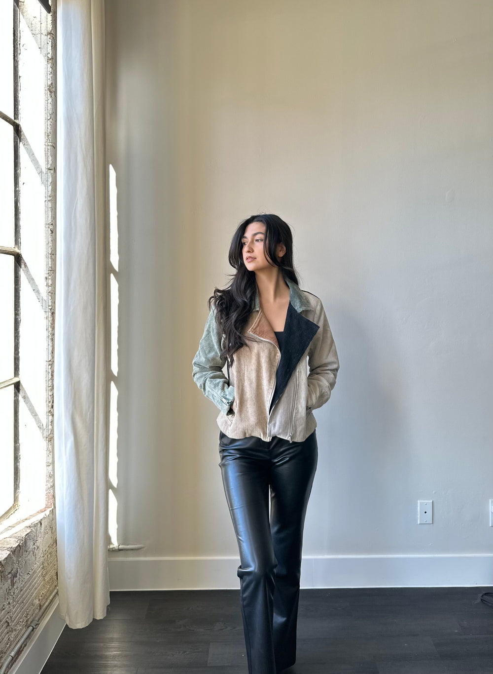 Marco Moto Two Tone Corduroy Jacket In Taupe & Olive