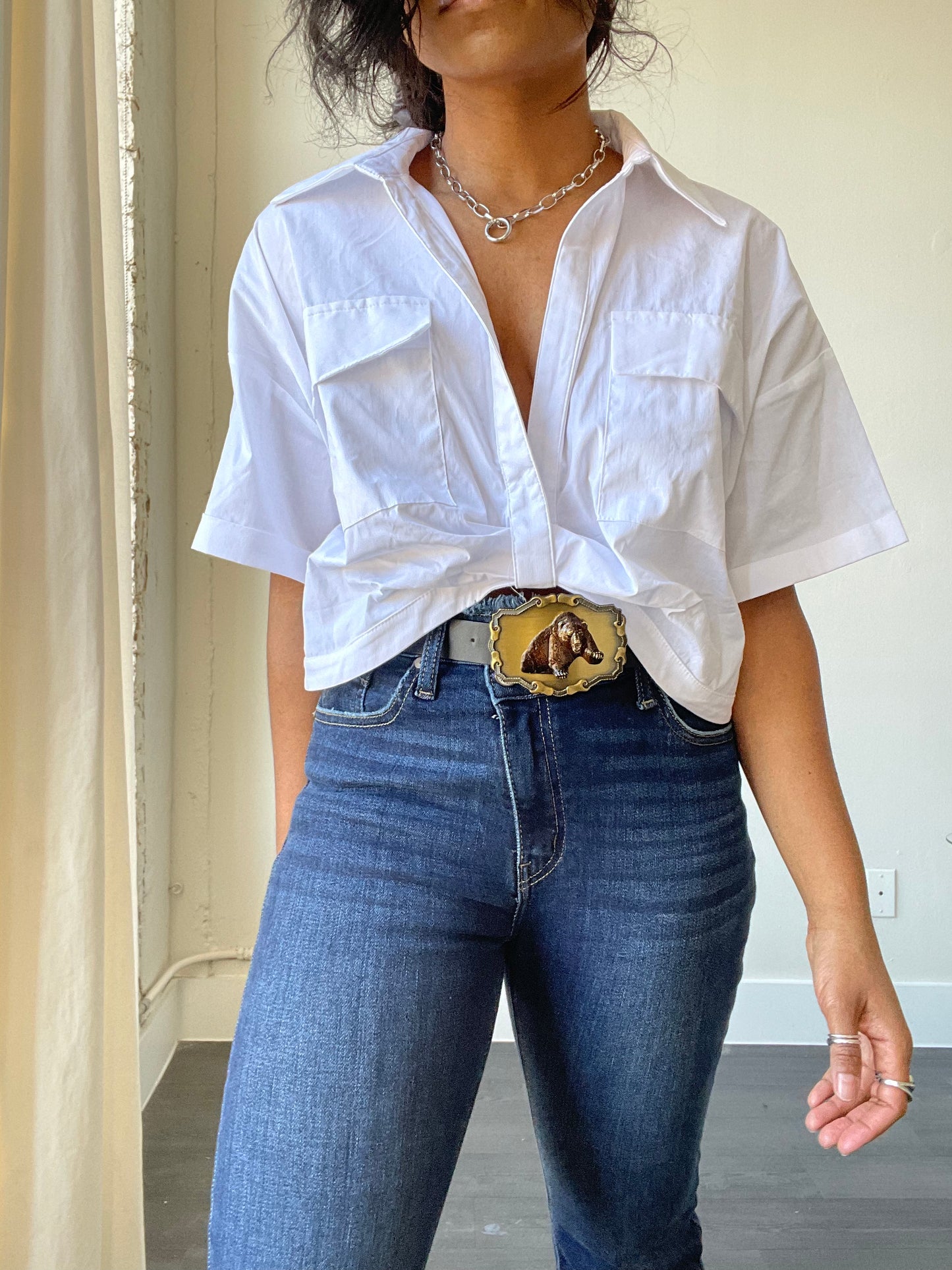 Haley Cotton Open Front Crop Shirt Top In White