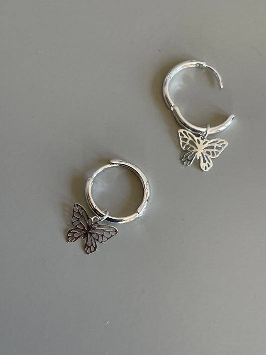 Geo Butterfly Drop Hug Hoop Earring In Silver