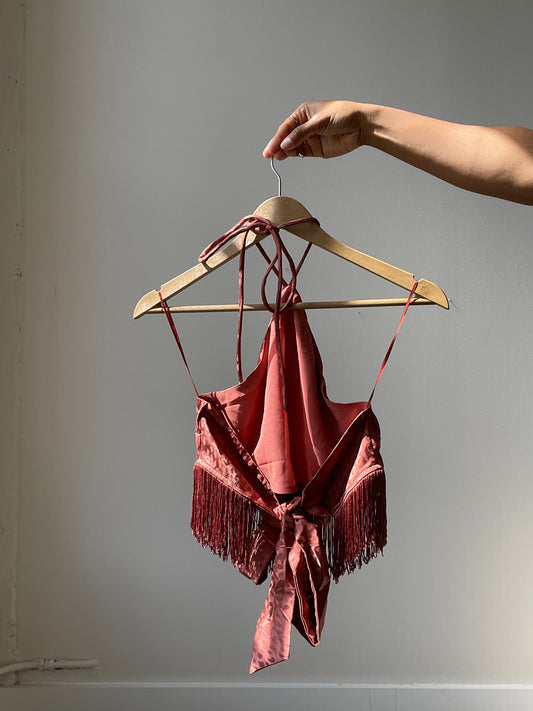 Margaret Fringe Halter Top In Brown Brick