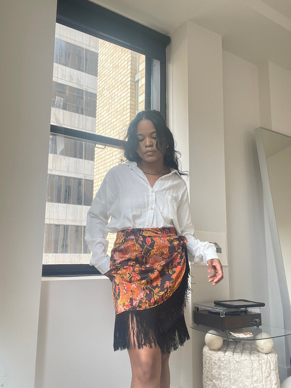 Jacqueline Fringe Side Wrap Mini Floral Skirt