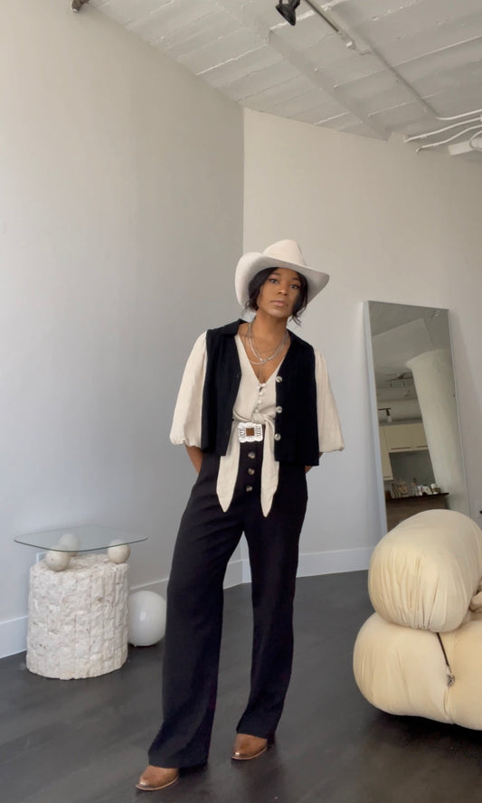 Courtney Linen 3/4 Puff Sleeve Tie Front Top In Natural