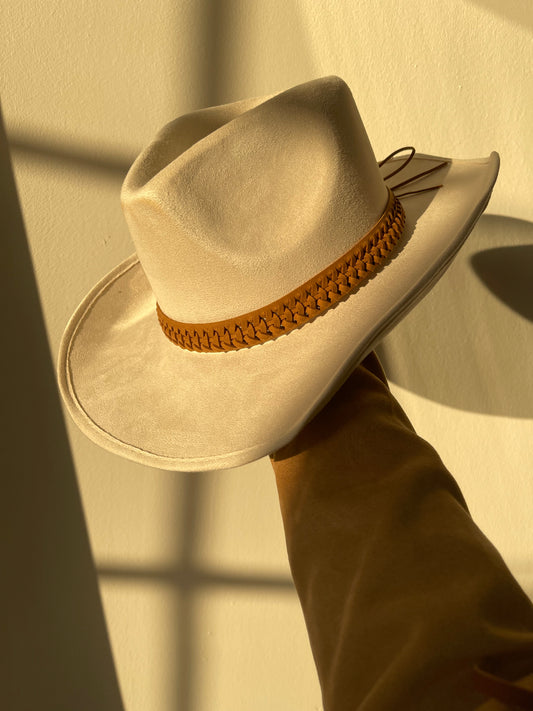 Carla Woven Belt Cowboy Hat In Brown Belt Ivory