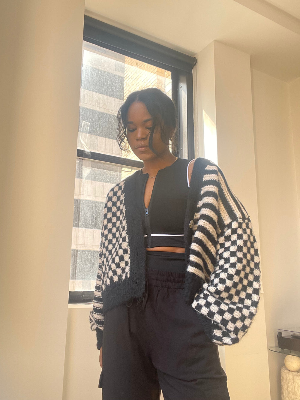 Thea Check & Stripe Knit Oversized Sweater In Black & Ivory
