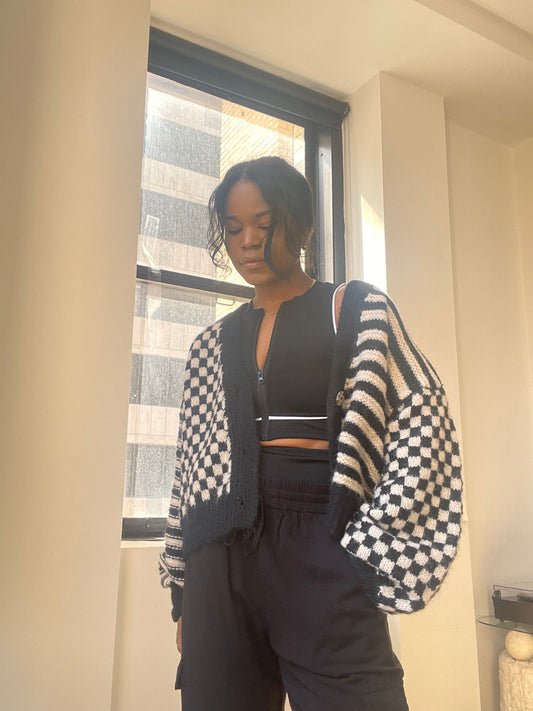 Thea Check & Stripe Knit Oversized Sweater In Black & Ivory