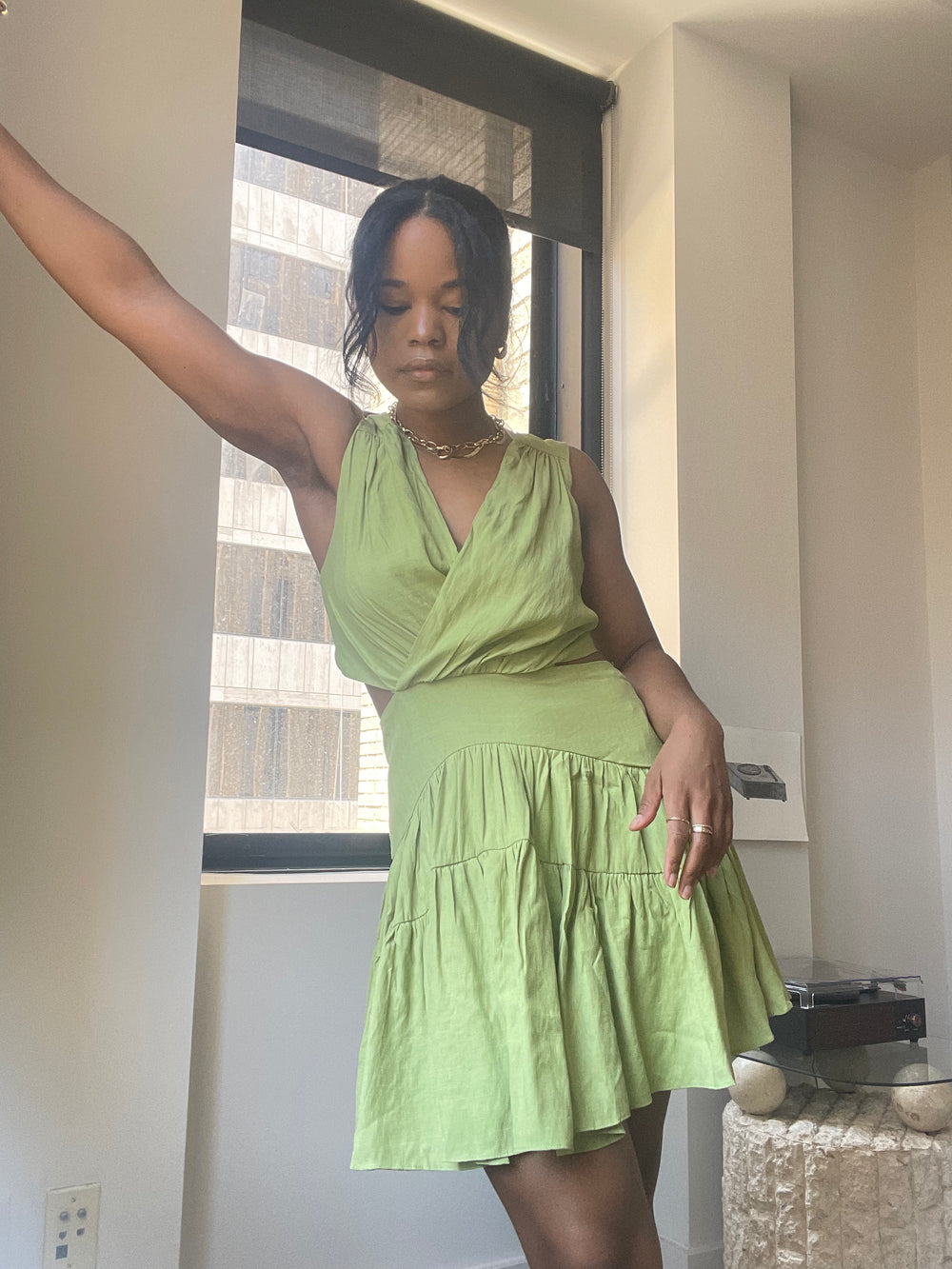 Deborah Wrap Front Open Back Mini Dress In Green