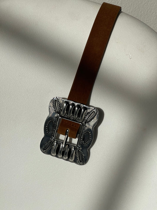 Danny Western Velvet Square Buckle Belt In Brown Silver