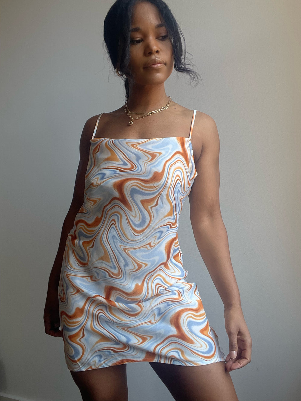 Palestine Swirl Cowl Neck Slip Dress In Blue Tangerine
