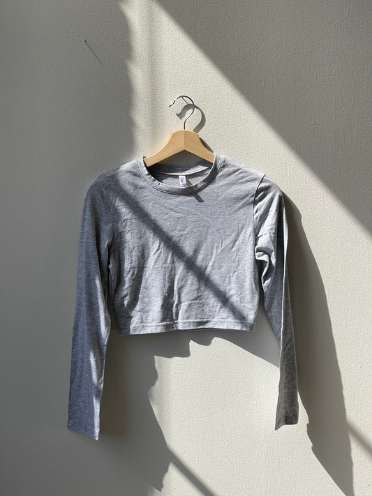 Katie Cotton Crew Neck Long Sleeve Fitted Crop Top In Grey
