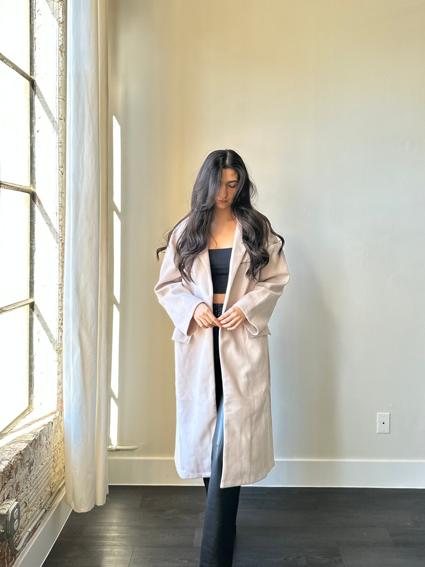 Tiffany Open Front Maxi Coat In Cream