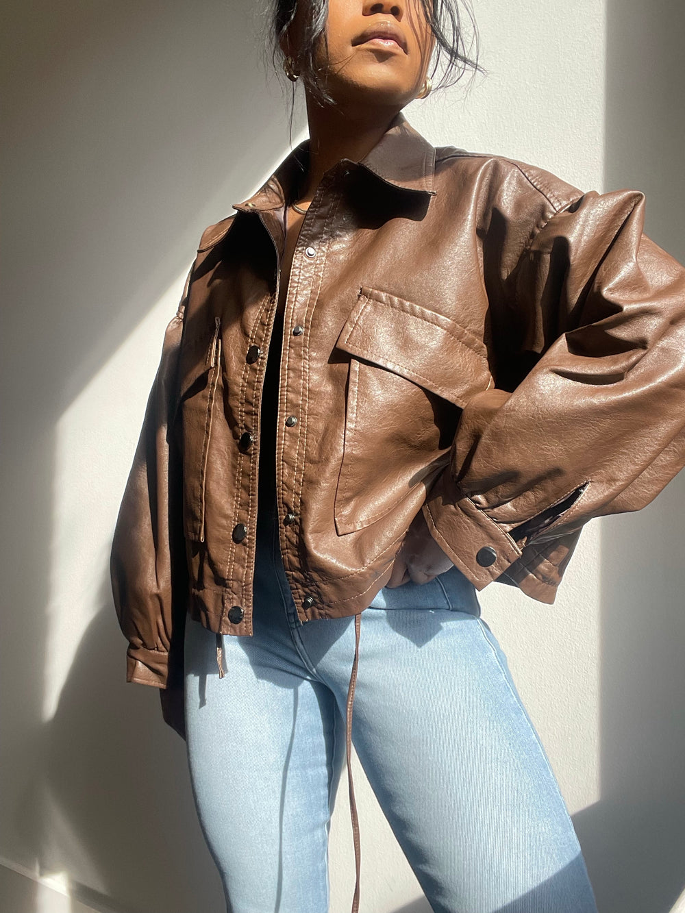 Beverly Vegan Leather Dolman Sleeve Jacket In Brown