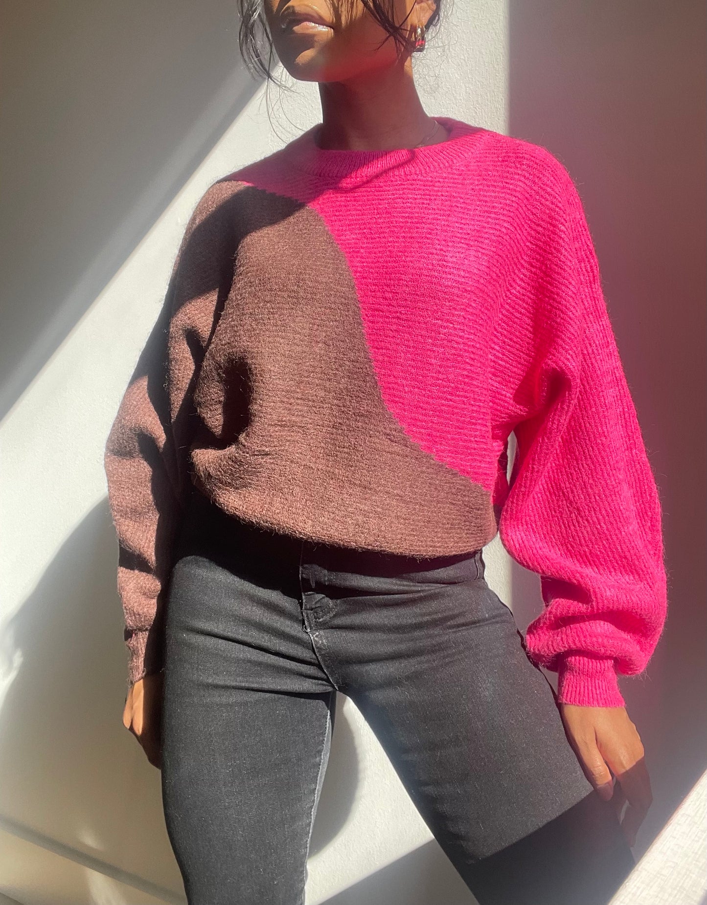 Regina Two Tone Balloon Pullover Sweater In Hot Pink