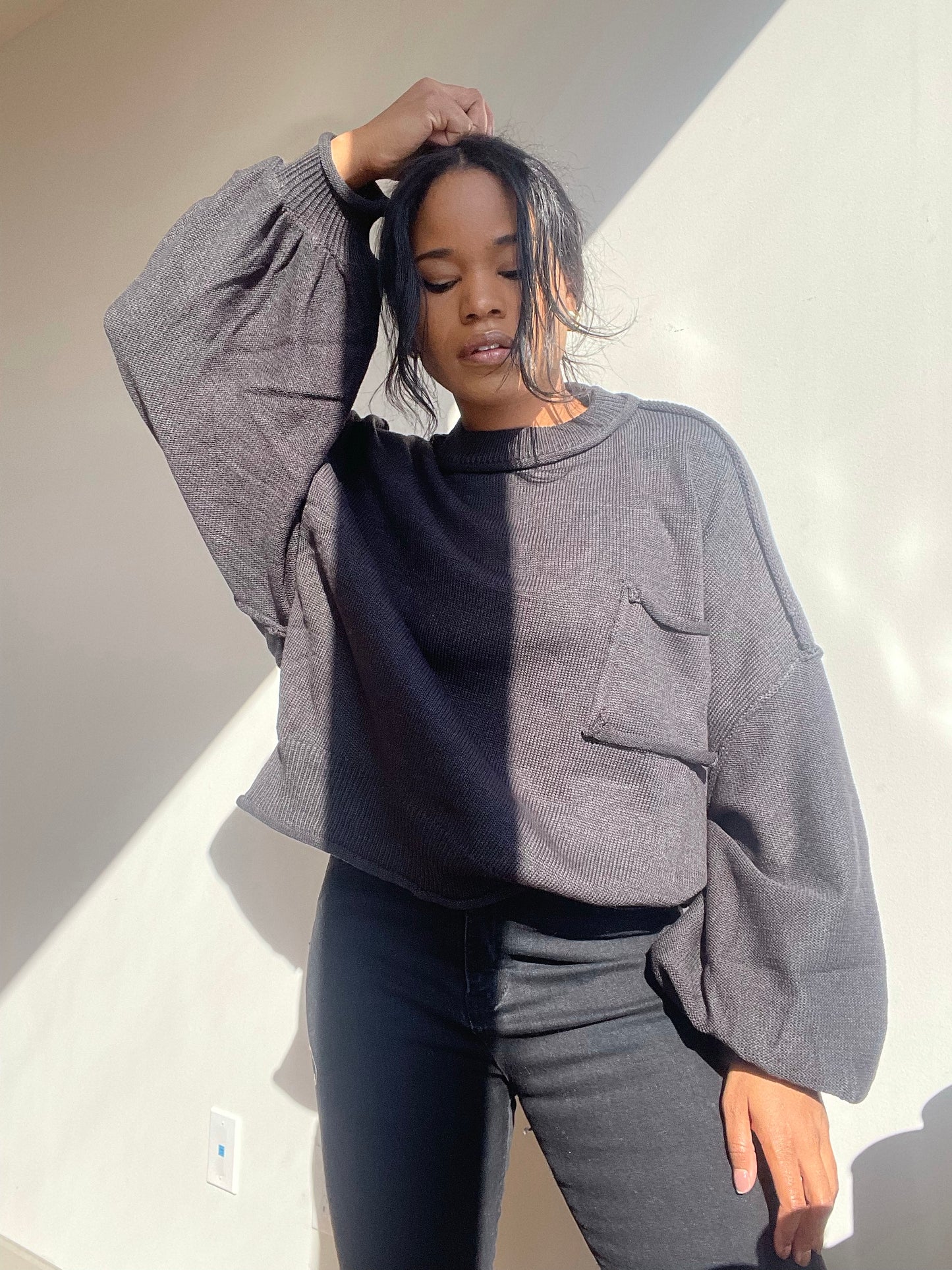 Charlie Oversized Cropped Single Pocket Sweater In Black