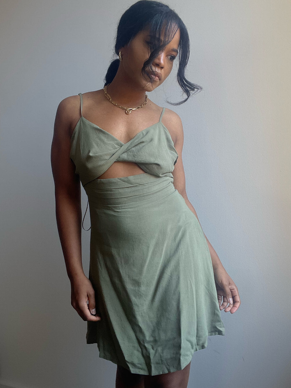 Claire Twist Front Cutout Mini Dress In Olive