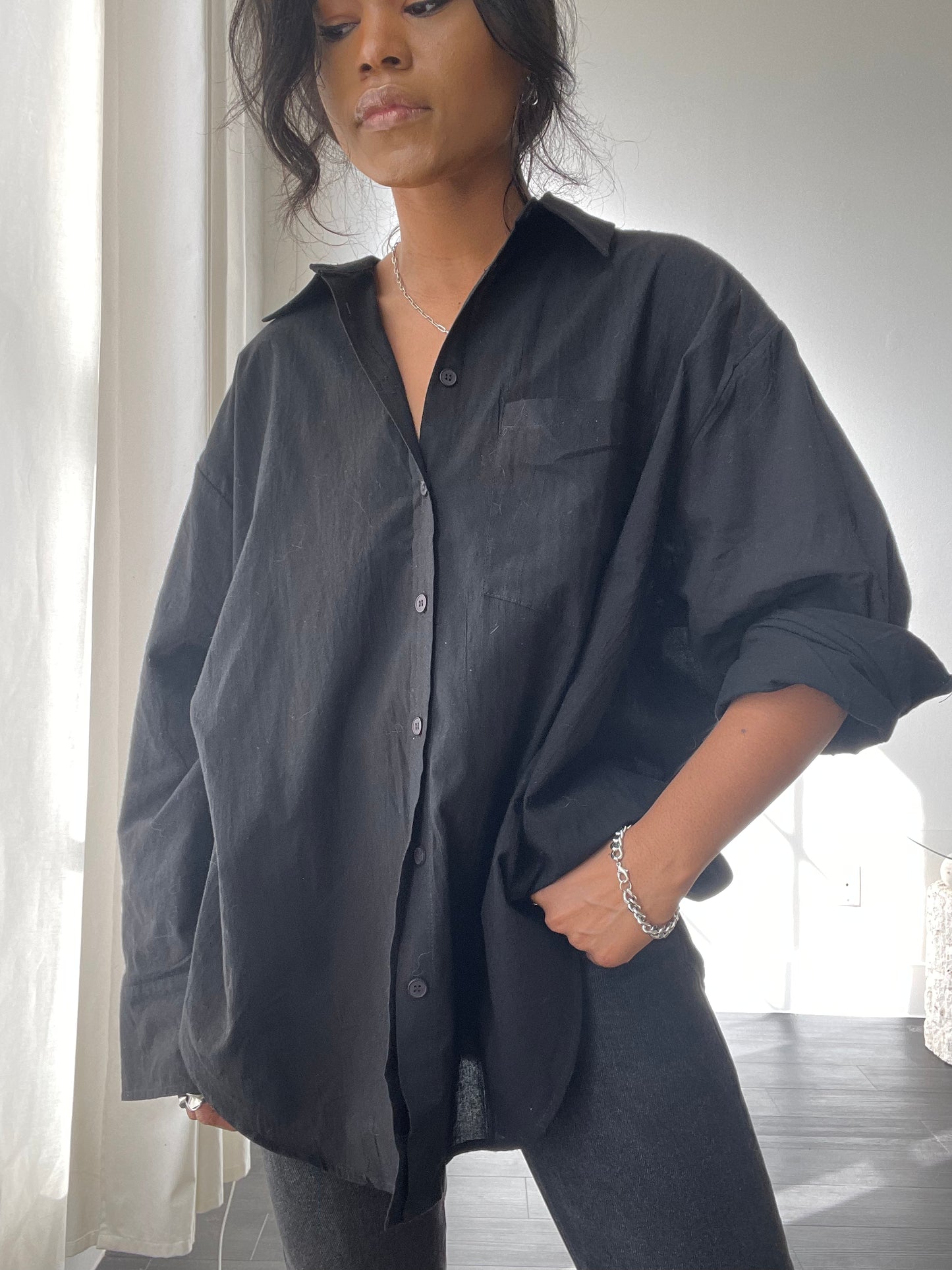 Chase Cotton Oversized Button Down In Black