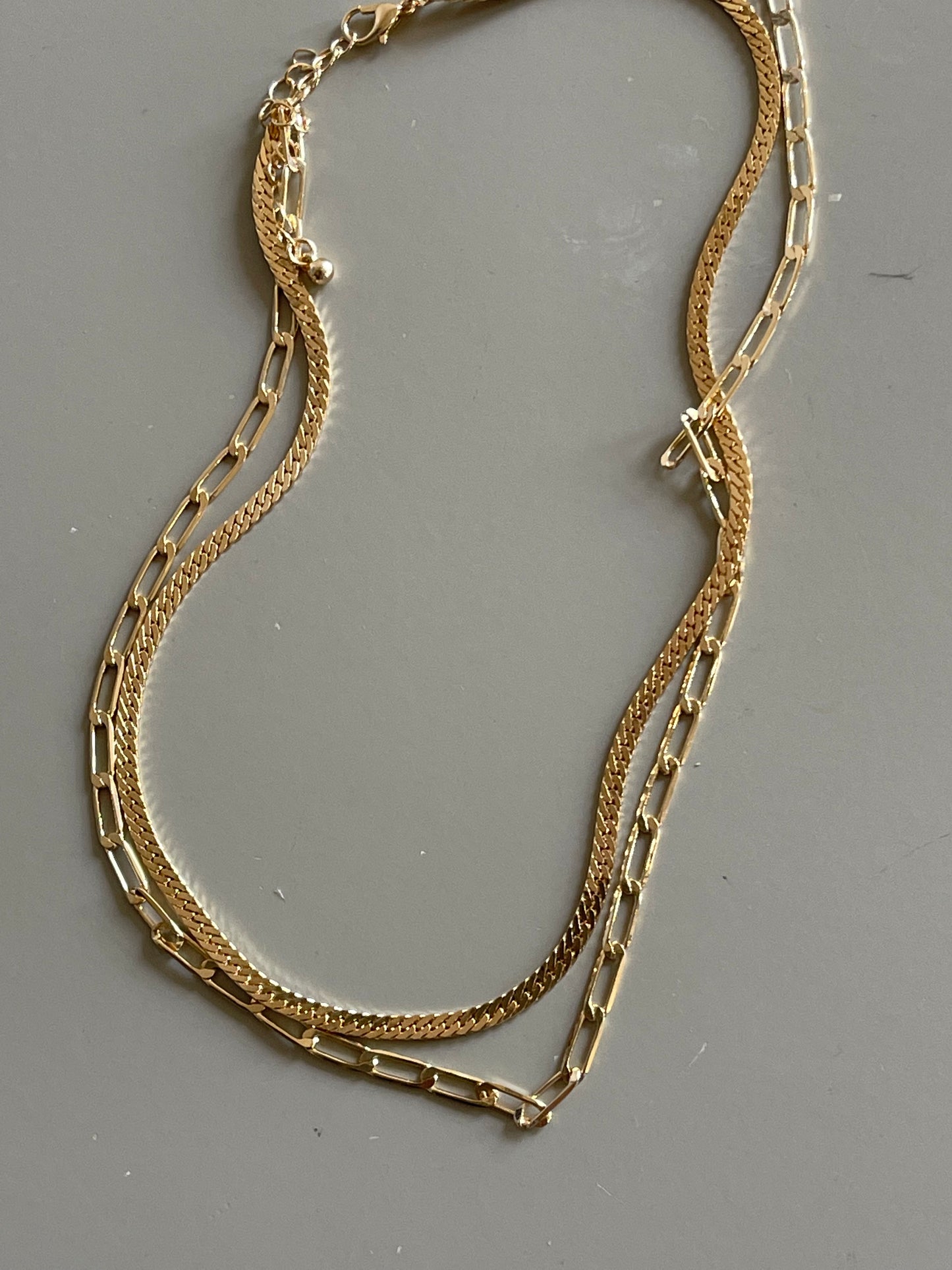 Classic Layered Link Chain & Flat Crum Necklace In Gold