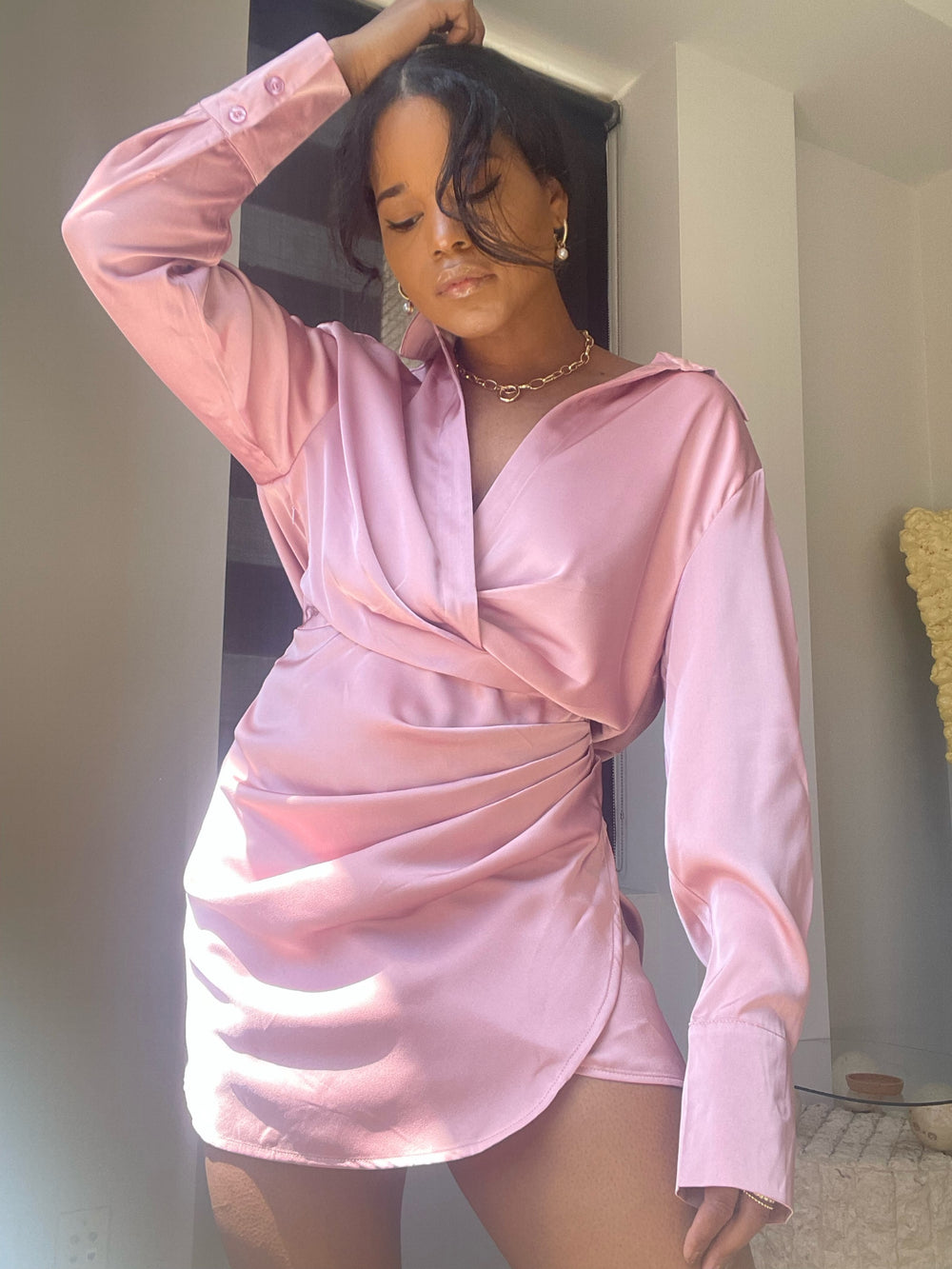 Katie Long Sleeve Rouge Front Mini Dress In Pink