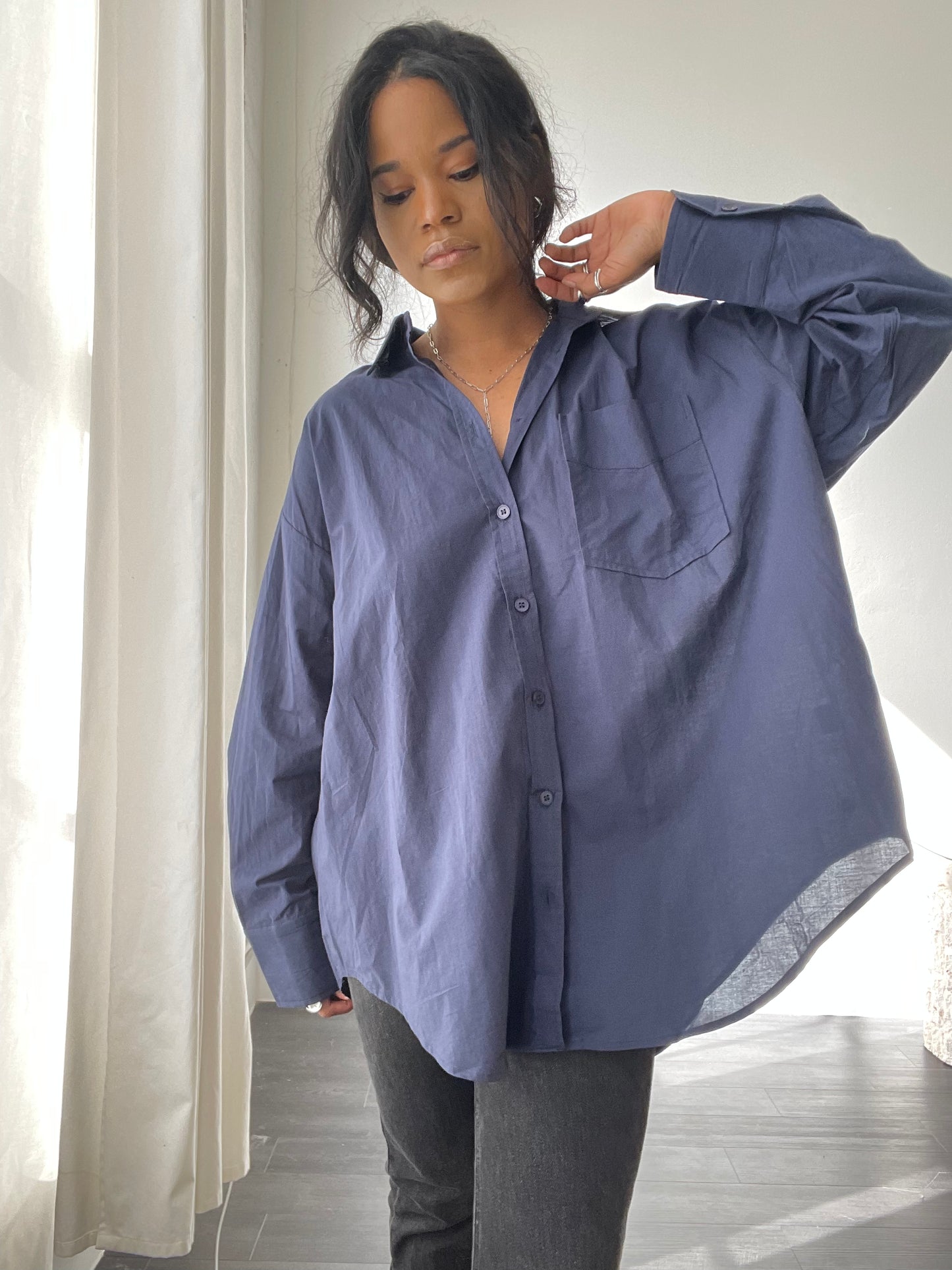 Chase Cotton Oversized Button Down In Washed Navy