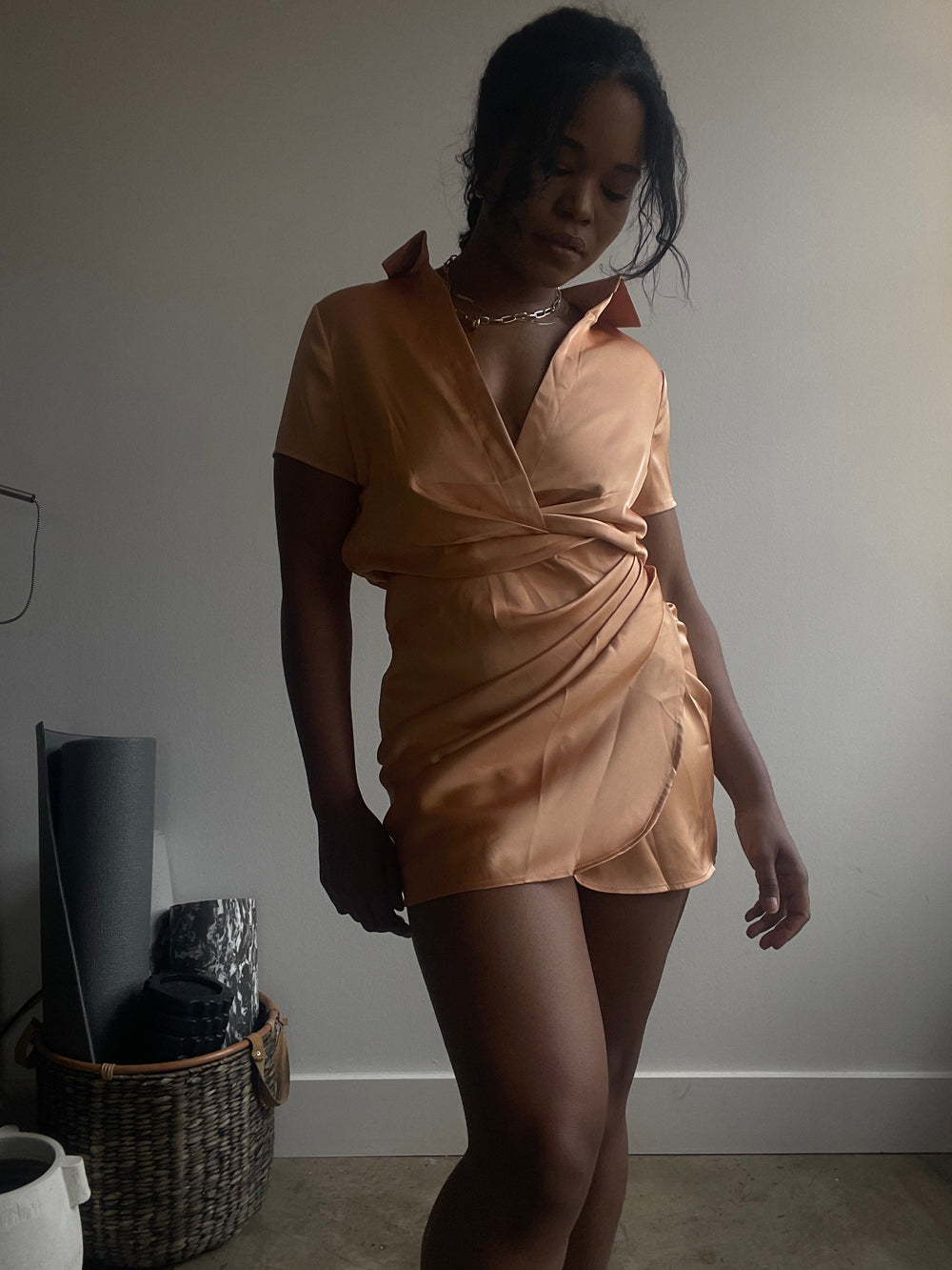 Kate Short Sleeve Rouge Front Mini Dress In Melon