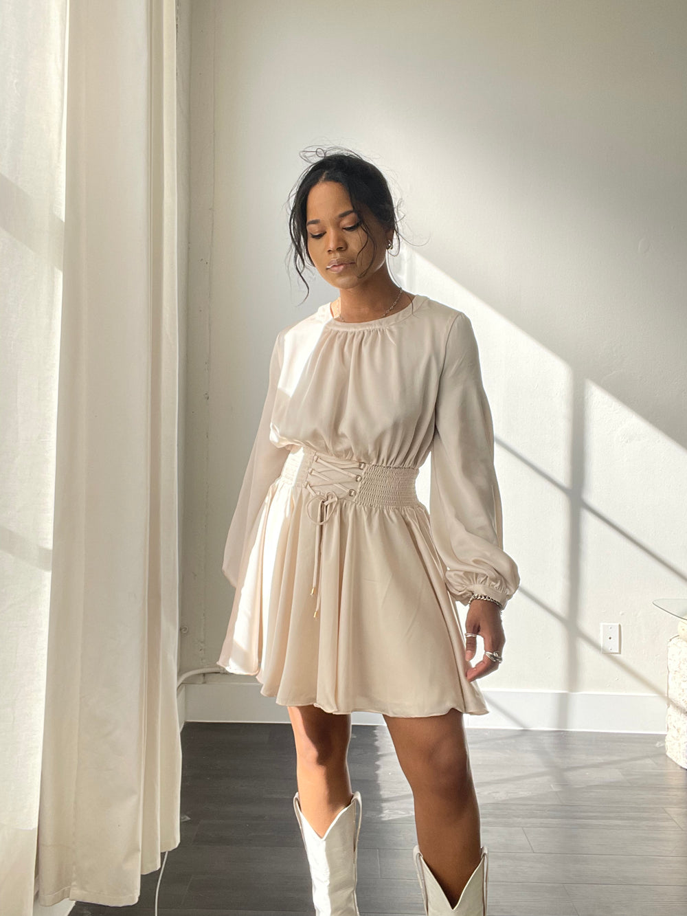 Samantha Balloon Sleeve Smocked Dress In Champaign
