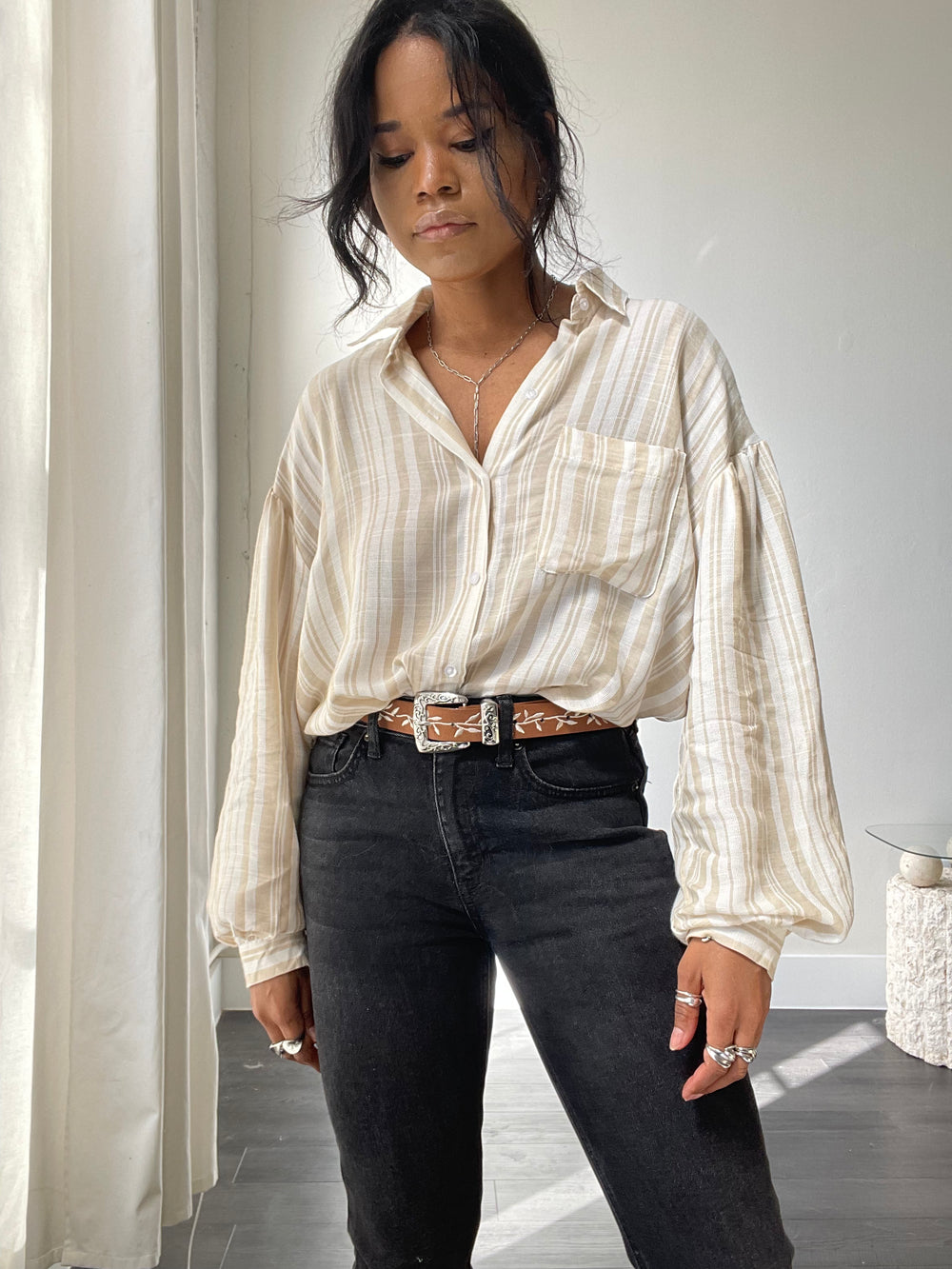 Travis Balloon Sleeve Stripe Button Down Shirt In Taupe