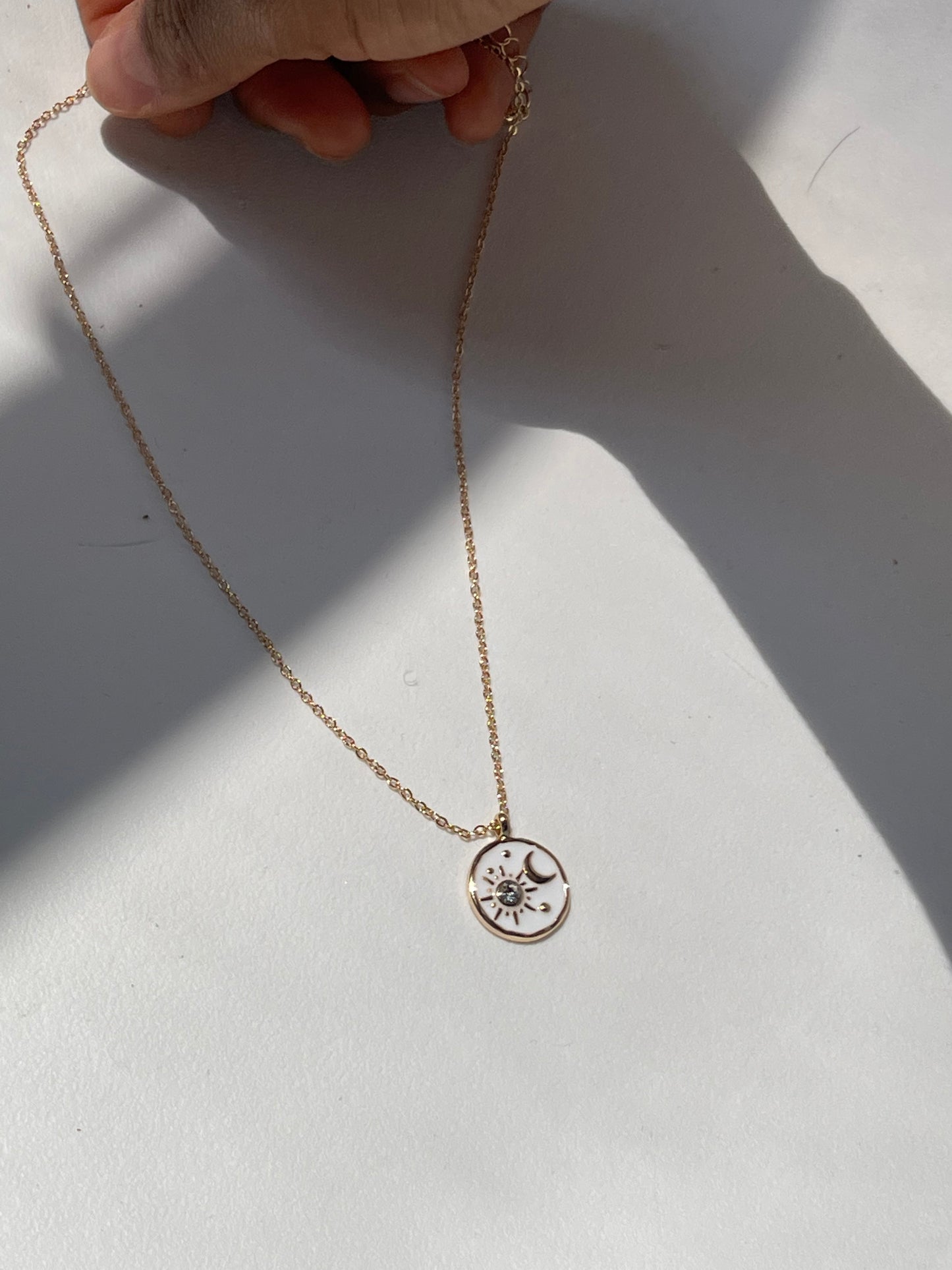 Sun Star & Moon Charm Necklace In White