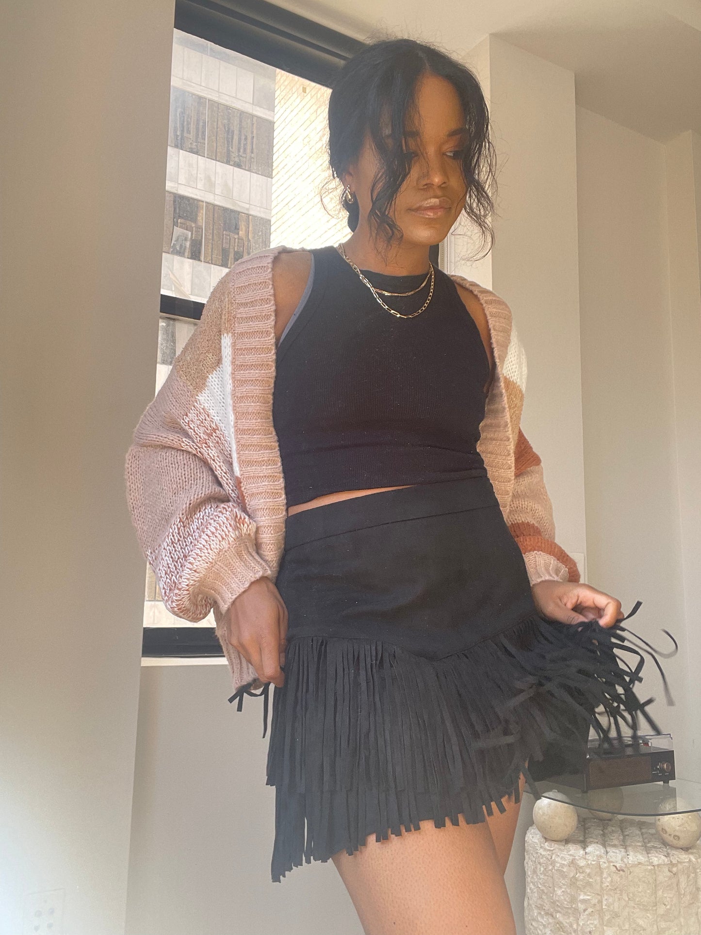 Payton Suede Fringe Mini Skirt In Black
