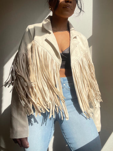 Pattie Vegan Suede Moto Fringe Jacket In Ivory Cream